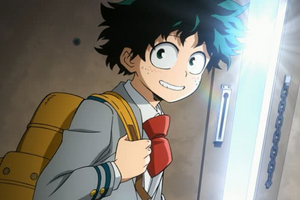 Izuku Midoriya, a teen boy with black and green-highlighted hair, wearing a grey school uniform with a yellow backpack about to walk out a door with the sunshine peeking through
