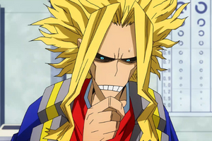 Toshinori Yagi wearing his All Might Silver Age suit which is very baggy on his skinny form