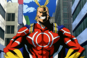 All Might in his Silver Age hero suit, a red suit with white lines and golden bracers and a blue cape