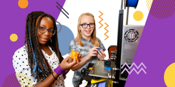 Two teens by a 3D printer.