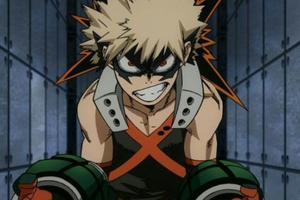 Katsuki Bakugou in his hero suit and mask in a narrow grey hall, looking angry