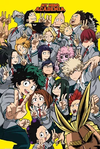The 20 students of Class 1-A on a yellow background. Eraserhead is in the back, All Might is in the front. 