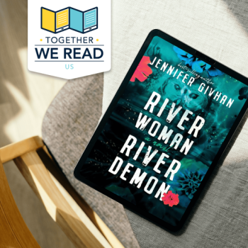 Together We Read Logo and River Woman River Demon cover on tablet screen