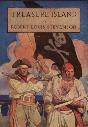 The Cover of Treasure Island featuring three pirates.