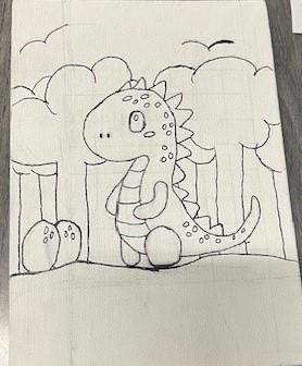 A marker drawing of a dinosaur in front of trees next to two dinosaur eggs