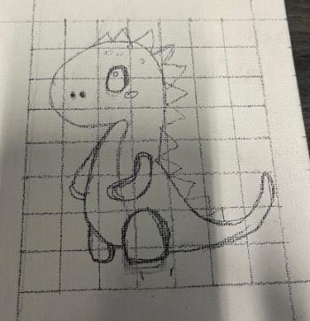 A dinosaur drawn in pencil over a grid