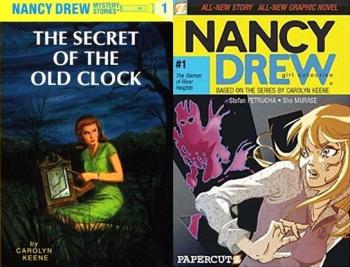 book covers for the first prose and graphic novel versions of Nancy Drew