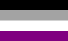 The asexual pride flag; horizontal bars of black, gray, white, and purple.