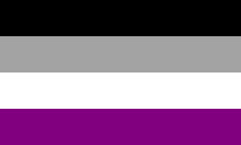 The asexual pride flag. The black represents asexuality, the grey represents grey-asexuality and demisexuality, the white represents non-asexual partners and allies, and the purple represents community. The asexual pride flag; horizontal bars of black, gray, white, and purple.