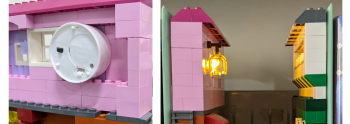 Two close up photos. The one on the left is of an LED tealight candle taped to some legos, and the second is a close up of the book nook, showing the light. It appears to be lighting up a lamp