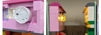 LEDs Two close up photos. The one on the left is of an LED tealight candle taped to some legos, and the second is a close up of the book nook, showing the light. It appears to be lighting up a lamp