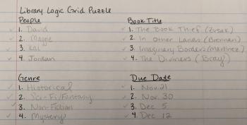 Decide on your entries A photo of a lined sheet of paper, with four categories on it: people, book title, genre, and due date. The categories have now been filled in with four entries per category