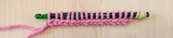 The end of the forward pass. There are 15 evenly spaced loops on the crochet hook, with the V-shape of the front of the chain visible beneath the loops.