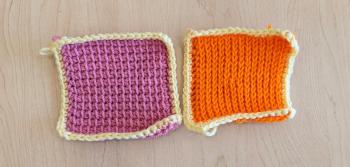 Two crochet swatches next to each other, one orange and one pink. They both have a yellow border of single crochet stitches around the edges.