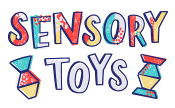 Bright colors with red, yellow, white, and blue and the words "Sensory Toys"