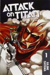 Attack on Titan Volume One A giant skinned titan attacks a man in a green jacket holding a sword