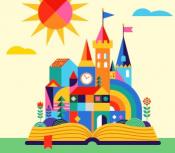 A picture of a colorful castle resting on an open book