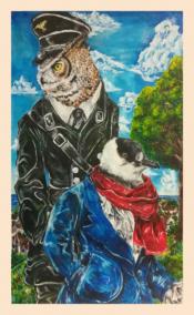 Two bird look in opposite directions, the background owl dressed in a formal hat with a black jacket and in the foreground a black and white bird with a red scraf, white shirt, and blue jacket