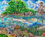 A picture of distorted mangroves with blues and greens and lots of wildlife as well as person fishing