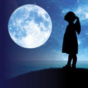 A person with their hair pulled back in a ponytail looks up at the full moon with a dark, blue and black night sky
