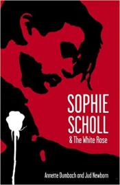 Red profile of Sophie Scholl with a white rose super imposed