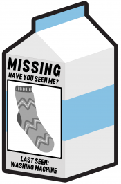 Cartoon milk carton with tradtional "Missing, Have you Seen Me" text and picture below is of a sock.