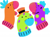 Three cartoon sock puppets: one orange, one purple, one green, all smiling at the viewer.