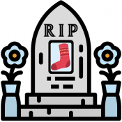 A carton image of a tombstone with a picture memorial of a red sock.