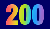 A dark blue background with a rainbow "200" over it. 