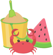 Cartoonish icons of a crab, watermelon slice, and plastic bucket of sand.