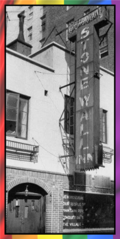 A black and white photograph of the Stonewall Inn neon sign, hung above the doorway to the club. Taken circa 1969.