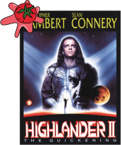 Movie cover of Highlander 2 with a cartoon tomato splat against the corner.