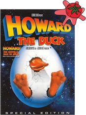 Movie cover of Howard the Duck with a cartoon tomato splat against the corner.