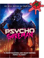 Movie cover of Psycho Goreman with a cartoon tomato splat against the corner.