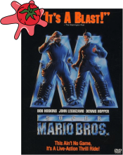 Movie cover of Super Mario Brothers with a cartoon tomato splat against the corner.