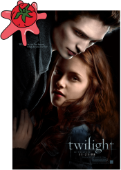 Movie cover of Twilight with a cartoon tomato splat against the corner.