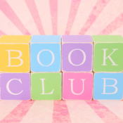 book club spelled in blocks on pink sunburst background
