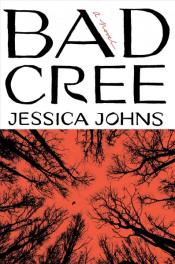 Book Cover. Bad Cree Jessica Jones, black text on white background. Below an orange sky with black silhouette trees  