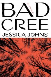 Book Cover. Bad Cree Jessica Jones, black text on white background. Below an orange sky with black silhouette trees