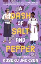 Book Cover. A Dash of Salt and Pepper with yellow and white text. A white and black pair of men, cooks, on a purple background with veggies. 