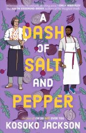 Book Cover. A Dash of Salt and Pepper with yellow and white text. A white and black pair of men, cooks, on a purple background with veggies.