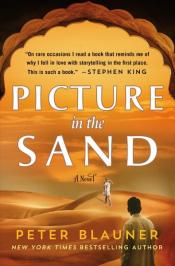Book Cover. Picture in the Sand white text. Looking through an arch out into a rolling golden desert. One stands out on a dune, one is watching from the arch.