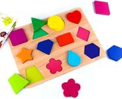 wood puzzle with twelve brightly colored shape blocks