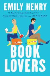 The cover of Book Lovers by Emily Henry showing two people reading back to back and one handing a book to the other. 