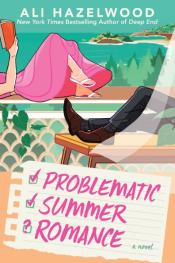 Problematic Summer Romance cover, check list on lined paper, man and woman relaxing outside