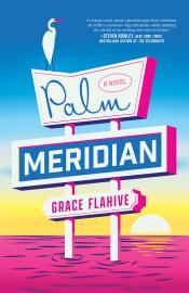 Palm Meridian cover, bird sitting on sign in middle of ocean, bright colors