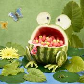 A watermelon carved as a frog