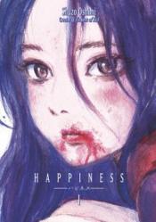 A woman with purple hair and blood on her mouth stares off into the distance