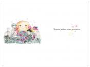 a page of Lasting Love showing mother, son, and monster in a garden, with the text "Together, we find beauty everywhere."