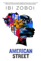 The cover of American Street by Ibi Zoboi, with a silhouette of a black teen girl outlined on an image of graffiti.
